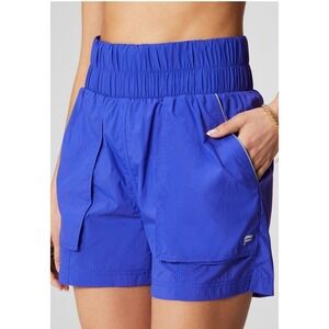 New Fabletics Sz M ultra high waisted piped nylon shorts Royal Blue Reflective
